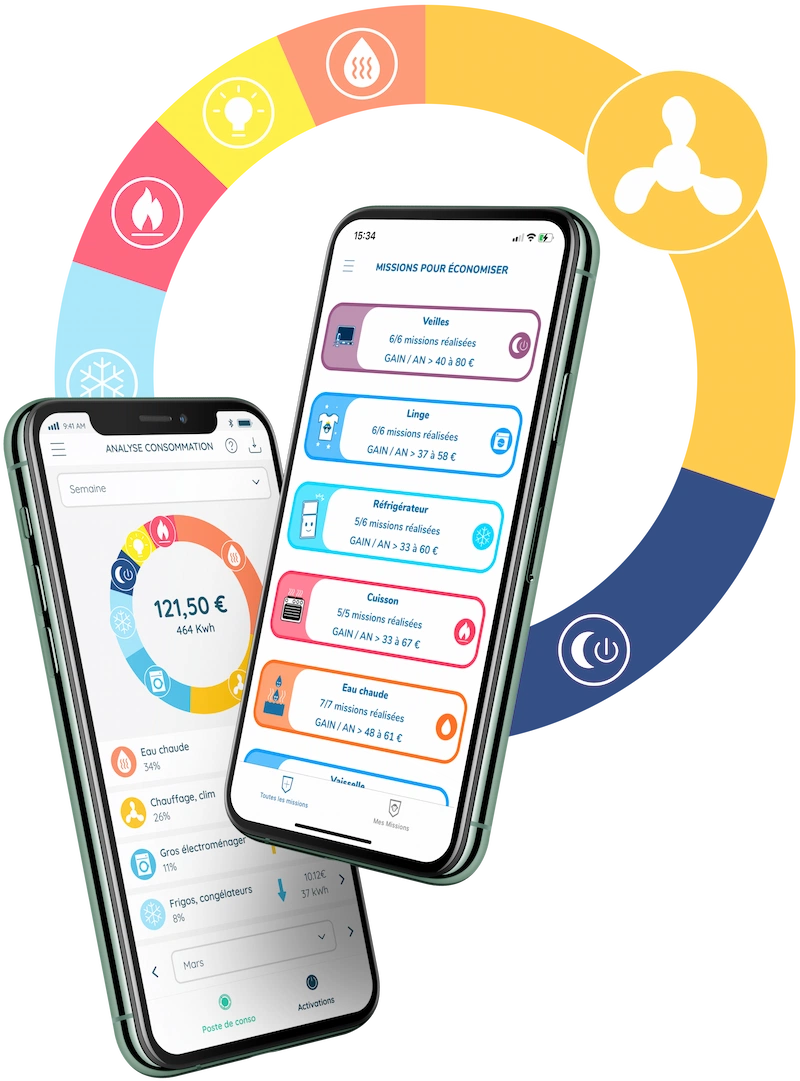 (app ecojoko sur smartphone affichant le graph de suivi de consommation en kWh et €)